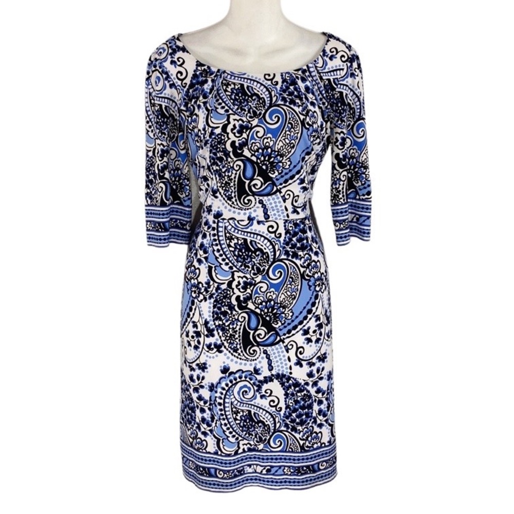 Tahari blue white black paisley print jersey sheath dress EE20
